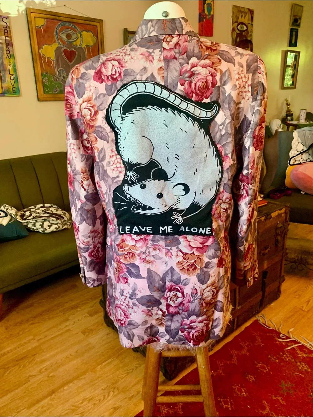 Floral Pink Blazer with 'Leave Me Alone' Opossum Patch - Picture 3 of 10
